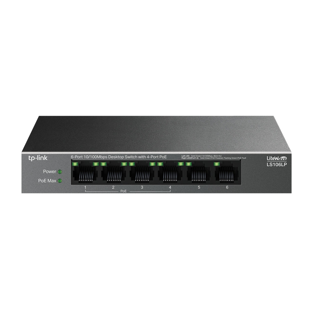 TP-Link LS106LP 6-Port 10/100Mbps Desktop 41W POE Switch with 4-Port PoE + 2 Uplink RJ45 Ports | 250M Support TP-Link LS106LP 6-Port 10/100Mbps Desktop 41W POE Switch with 4-Port PoE + 2 Uplink RJ45 Ports | 250M Support